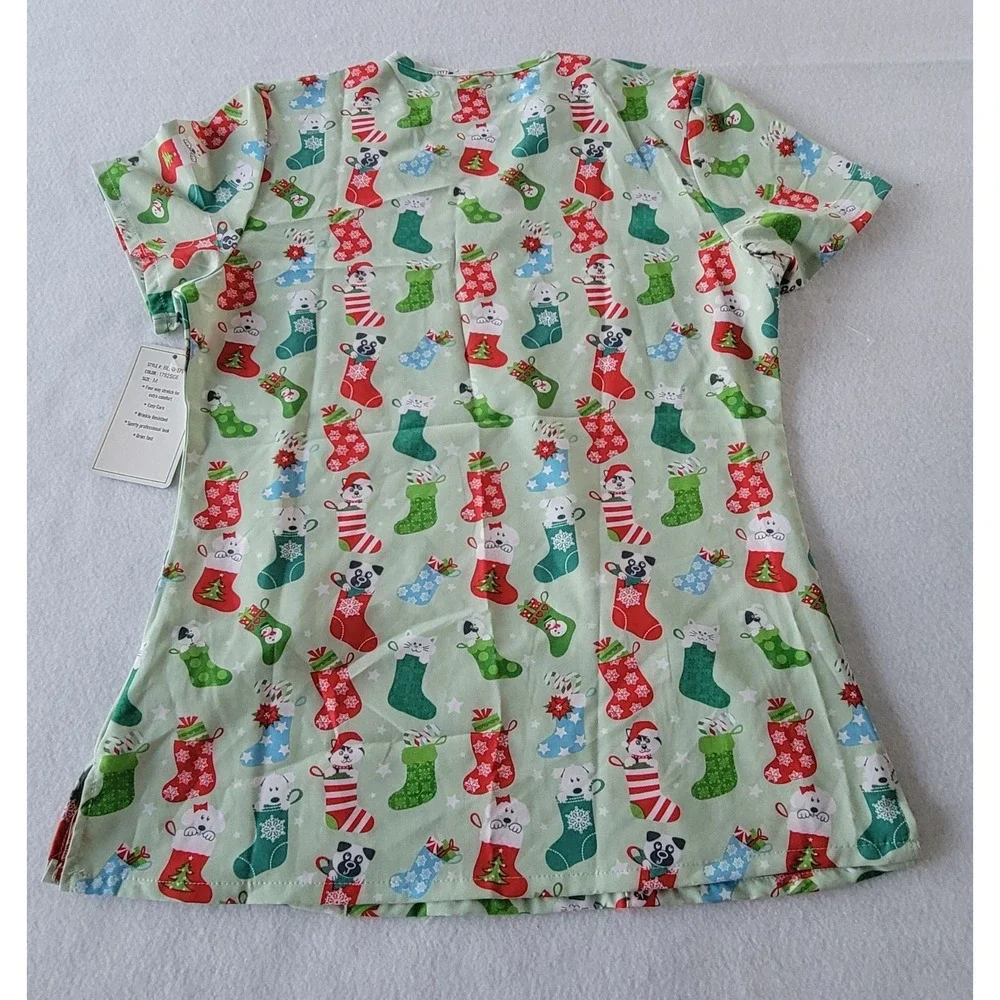 Green Town Scrubs for Women V-Neck Scrub Cat and Dog Christmas Scrub Top - Green